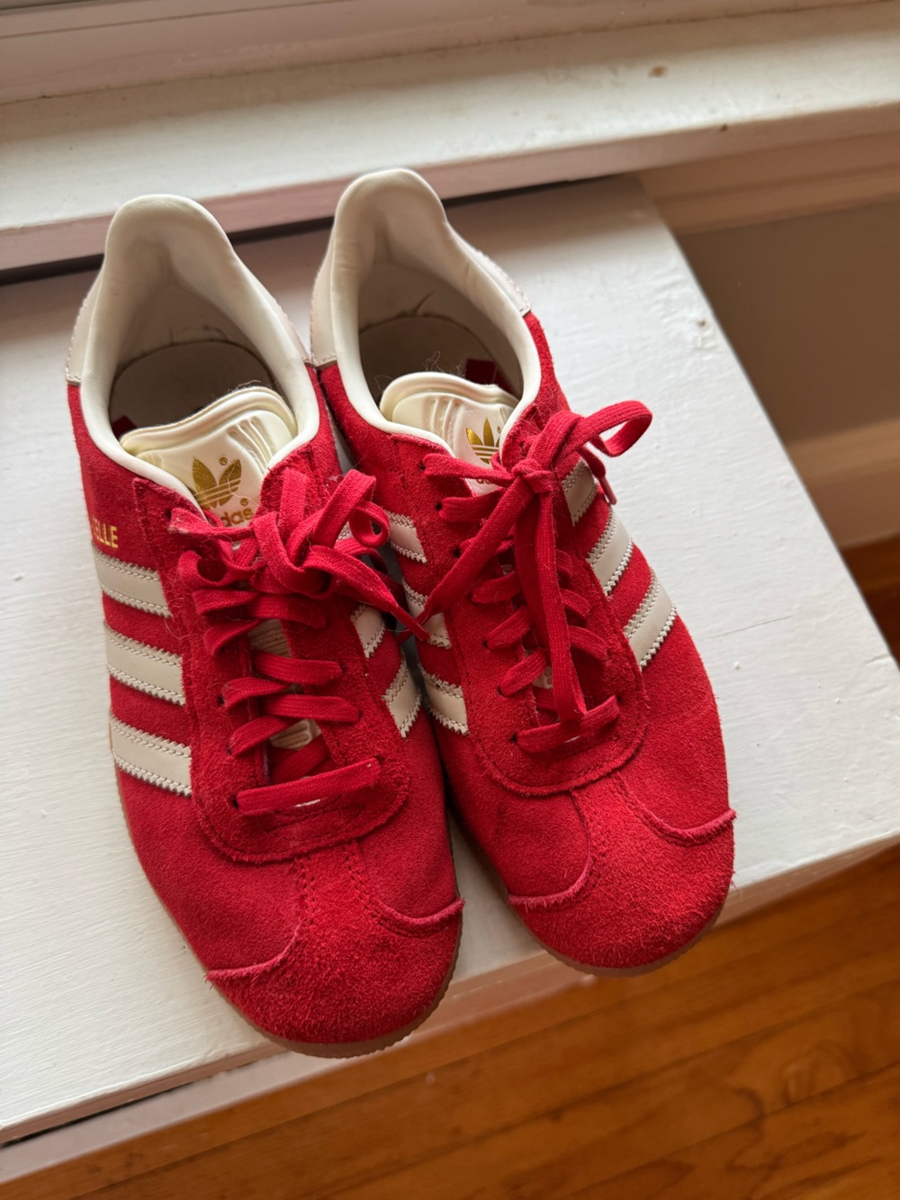 adidas Women’s Red and White Suede Sneakers